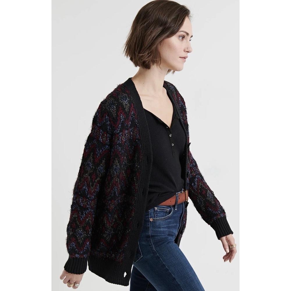 Lucky Brand Cardigan Sweater Open Front Sz S Boho Grunge Metallic Knit Cozy Fall